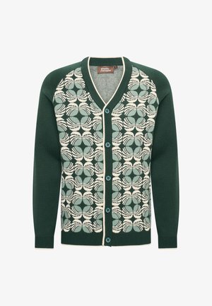 Groene cardigan met een patroon van afwisselende cirkels en lijnen in crème en lichtblauw. Voorzien van vijf knopen en een V-hals.