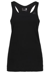 Canotta atletica nera realizzata in tessuto leggero. Presenta spalline larghe, un design a schiena scoperta e un piccolo dettaglio con logo sul petto.