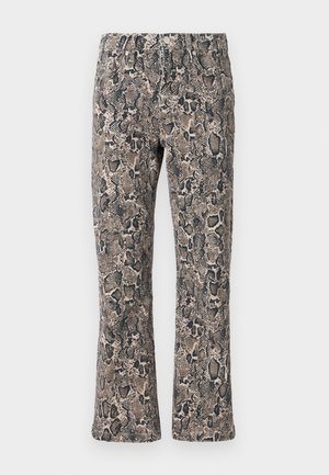 Snake-print pants in shades of brown and black, featuring a relaxed fit, elastic waistband, and textured fabric with a scaly pattern.