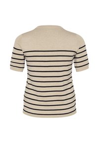 Maglione beige a maniche corte con righe orizzontali nere, scollatura rotonda, texture morbida e vestibilità casual. La vista posteriore non mostra dettagli aggiuntivi.