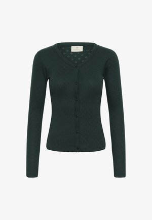 Dark green cardigan with a V-neckline, long sleeves, and button closure. Features a textured pattern throughout. Made of soft, lightweight fabric.