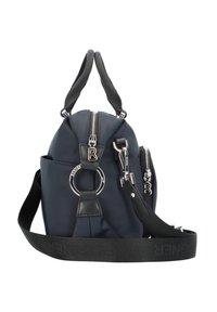Borsa a tracolla in nylon blu navy con dettagli neri, doppia cerniera, particolare con anello portachiavi rotondo e tracolla staccabile. Presenta manici testurizzati.