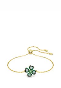 Bracciale in oro con design a quadrifoglio in gemme verdi e nere, dotato di chiusura scorrevole per una vestibilità regolabile.