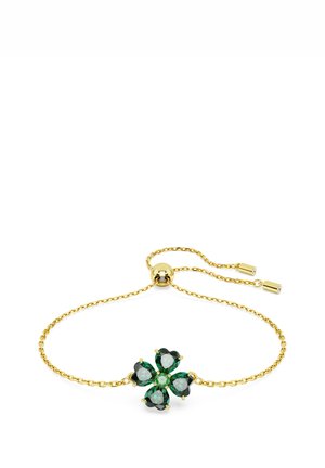 Złota bransoletka z motywem czterolistnej koniczyny, ozdobiona zielonymi i czarnymi kamieniami szlachetnymi, z regulowanym zapięciem typu sliding.