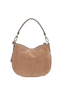 Suede handbag in light brown with a curved silhouette, top zip closure, and a detachable strap. Features gold-tone hardware accents.