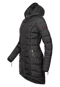 Black puffer coat with a hood, featuring horizontal quilting, zippered pockets, and a high collar. Includes branded accent on the sleeve.