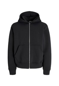 Felpa nera con zip, realizzata in tessuto morbido, dotata di un ampio cappuccio, tasche frontali e polsini e orlo a coste. Design semplice senza decorazioni.