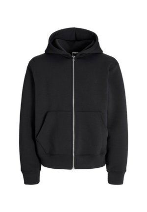 Sudadera con cremallera negra hecha de una tela suave, que cuenta con una gran capucha, bolsillos frontales y puños y dobladillo acanalados. Diseño simple sin patrones.