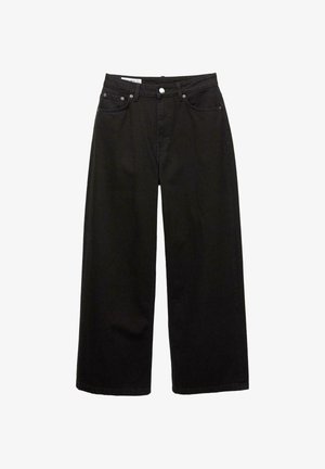 Black wide-leg jeans, made of denim, featuring a high waist, five pockets, and silver-tone hardware with a classic button and zipper closure.