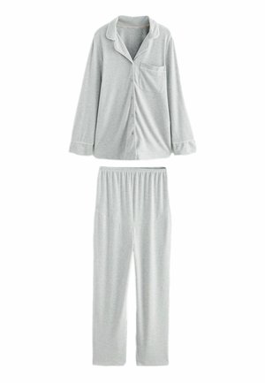Jasnoszary zestaw piżamowy wykonany z miękkiego materiału. Longsleeve z guzikami i kieszenią; pasujące spodnie z elastyczną talią, bez wzorów ani dodatków.
