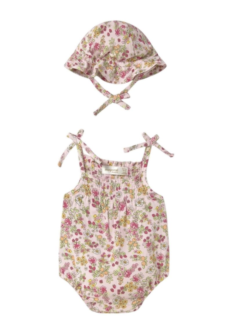 Mono de bebé floral y gorro a juego en rosa, con tirantes ajustables, bodice fruncido y una variedad de patrones de flores coloridas.