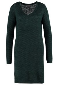 Dark green knitted dress with a V-neck, long sleeves, textured pattern, and a relaxed silhouette, suitable for casual wear.