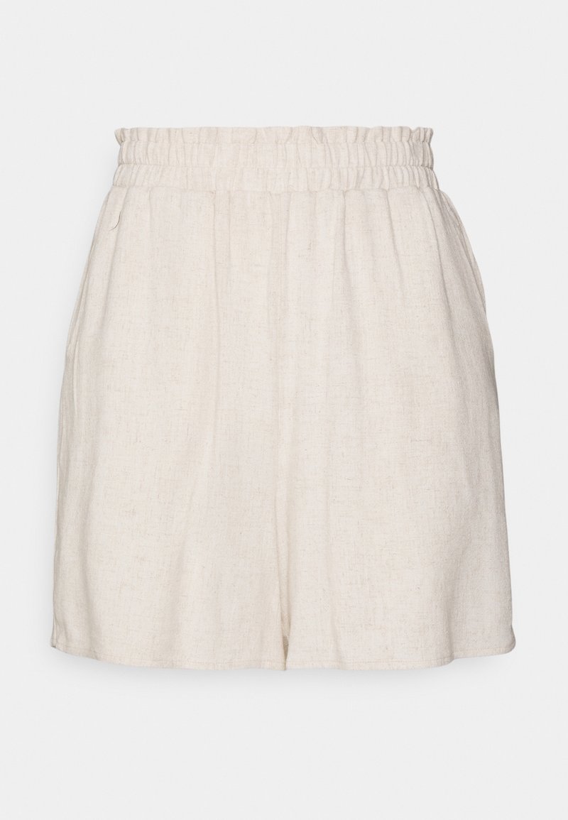 Shorts en lin beige avec taille élastique et poches latérales, coupe ample, longueur mi-cuisse, présentés sur un fond uni.