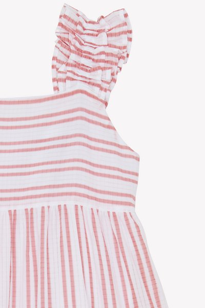 Ελαφρύ αμάνικο φόρεμα με λευκές και ροζ κάθετες ρίγες, με λεπτομέρεια ρελιασμένου ώμου και πλισέ τελείωμα στη φούστα.