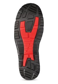 Black rubber shoe sole with a red accent pattern, featuring deep treads and a textured surface for grip and durability.