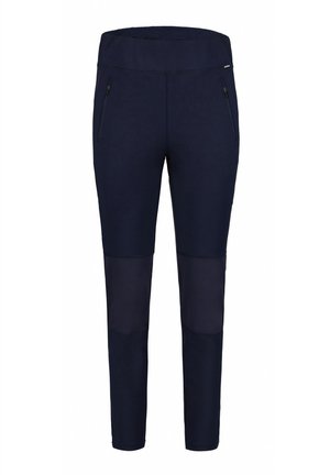 Navy athletic pants with a smooth texture, featuring zippered side pockets and contrasting panel inserts on lower legs. Adjustable waistband.