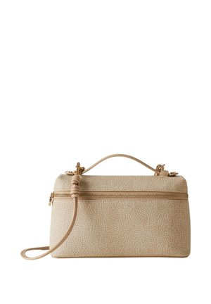 Borsa rettangolare beige con texture, chiusura superiore con cerniera, manico singolo e tracolla removibile su sfondo bianco.