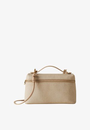 Borsa rettangolare beige con texture, chiusura superiore con cerniera, manico singolo e tracolla removibile su sfondo bianco.