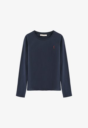 Navyblaues Langarmshirt mit rundem Ausschnitt und kleinem roten Polo-Spieler-Logo auf der linken Brust.