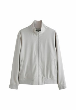 Helle graue Zip-Jacke aus glattem Stoff, mit hohem Kragen, zwei Seitentaschen und gerippten Bündchen und Saum.