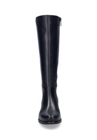Botte noire jusqu'au genou en cuir lisse avec un bout arrondi, fermeture éclair latérale et un petit talon robuste. Design simple avec des accents minimaux.