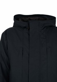 Chaqueta con capucha de un oscuro color azul marino, con una textura suave, cierre completo y un diseño frontal único con solapas sutiles.