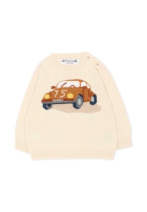 Maglione lavorato a maglia color crema per bambino piccolo con disegno di un’auto vintage marrone che mostra il numero 75 e il nome del marchio Bonpoint sul davanti.