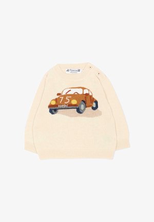 Gebreide peutertrui in crèmekleur met een bruin vintage autodesign met nummer 75 en merknaam Bonpoint op de voorkant.