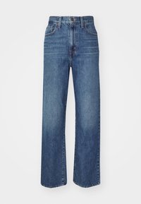 Höga blå jeans med lös passform, tillverkade av denim. Funktioner inkluderar fem fickor, dragkedja och diskret blekning.