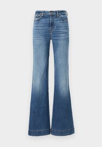 Blue denim flared jeans with a high waist, featuring a lighter fade at the bottom and stitched hem detail. Classic five-pocket design.