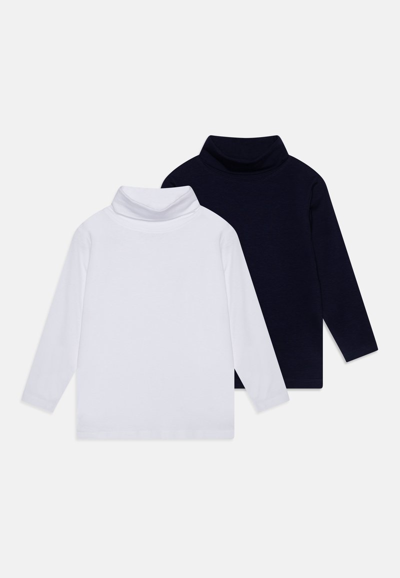 Deux chemises à col roulé à manches longues : l'une blanche et l'autre marine, fabriquées en coton doux avec un col sans couture et des manches à poignets.