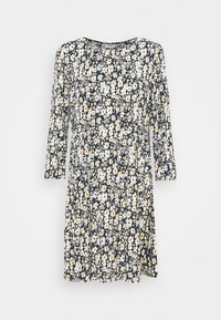 Robe fleurie avec un col rond, des manches trois-quarts et un fond sombre. Présente un motif imprimé de petites fleurs blanches et jaunes.