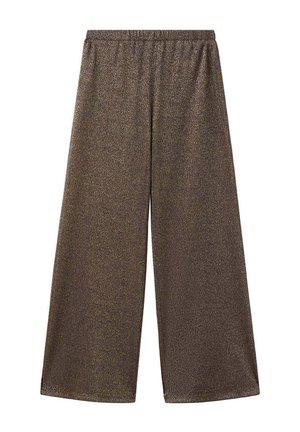 Pantaloni marroni metallizzati a gamba larga con vita elastica, orlo dritto, senza tasche visibili o decorazioni.