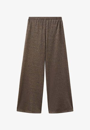 Wide-leg brown metallic shimmer pants with elastic waistband, straight hem, and no visible pockets or embellishments.