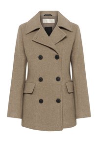 Cappotto in lana beige con design doppiopetto, ampie rever, bottoni neri e tasche laterali. Texture liscia con una vestibilità su misura.
