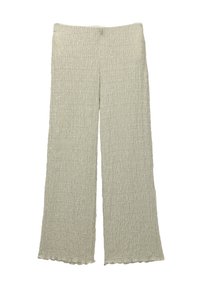 Lichtgroene, gestructureerde wijde broek met een smocked ontwerp. De zoom is iets rafelig, wat detail toevoegt aan de casual uitstraling.