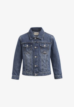 Giacca di denim blu con chiusura frontale a bottoni, due tasche sul petto con pattina e bottoni, e un colletto, etichettata Roy Roger's.