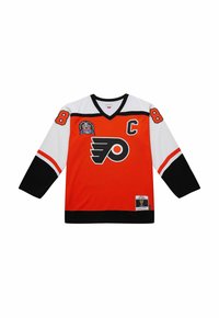 Maglia da hockey arancione dei Philadelphia Flyers con maniche nere e bianche, numero 88 sulle maniche, patch del capitano "C" e patch della Stanley Cup.