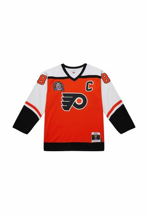 Philadelphia Flyers orange Eishockeytrikot mit schwarzen und weißen Ärmeln, Nummer 88 auf den Ärmeln, Kapitäns "C"-Patch und Stanley-Cup-Patch.