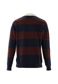 Dunkelblauer Strickpullover mit horizontalen burgunderfarbenen Streifen und weißem Kragen. Strukturierter Stoff und gerippte Bündchen.