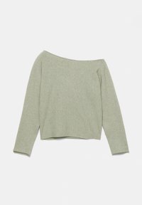 Grüne, langärmlige Bluse mit schulterfreiem Design, aus weichem, strukturiertem Stoff mit lockerer Passform und verkürztem Saum.