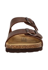 Braune Leder-Sandalen mit zwei verstellbaren Riemen und Schnallen, Korkfußbett und strukturiertem Gummiaußensohle. Schlichtes und ergonomisches Design.