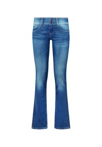 Blå denimflared jeans med medelhög midja, två framfickor och knappstängning. Bleknade tvättdetaljer och synlig sömnad.