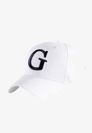 Casquette de baseball blanche avec un visière incurvée et une lettre "G" brodée en noir à l'avant. Fabriquée en coton avec des oeillets de ventilation.