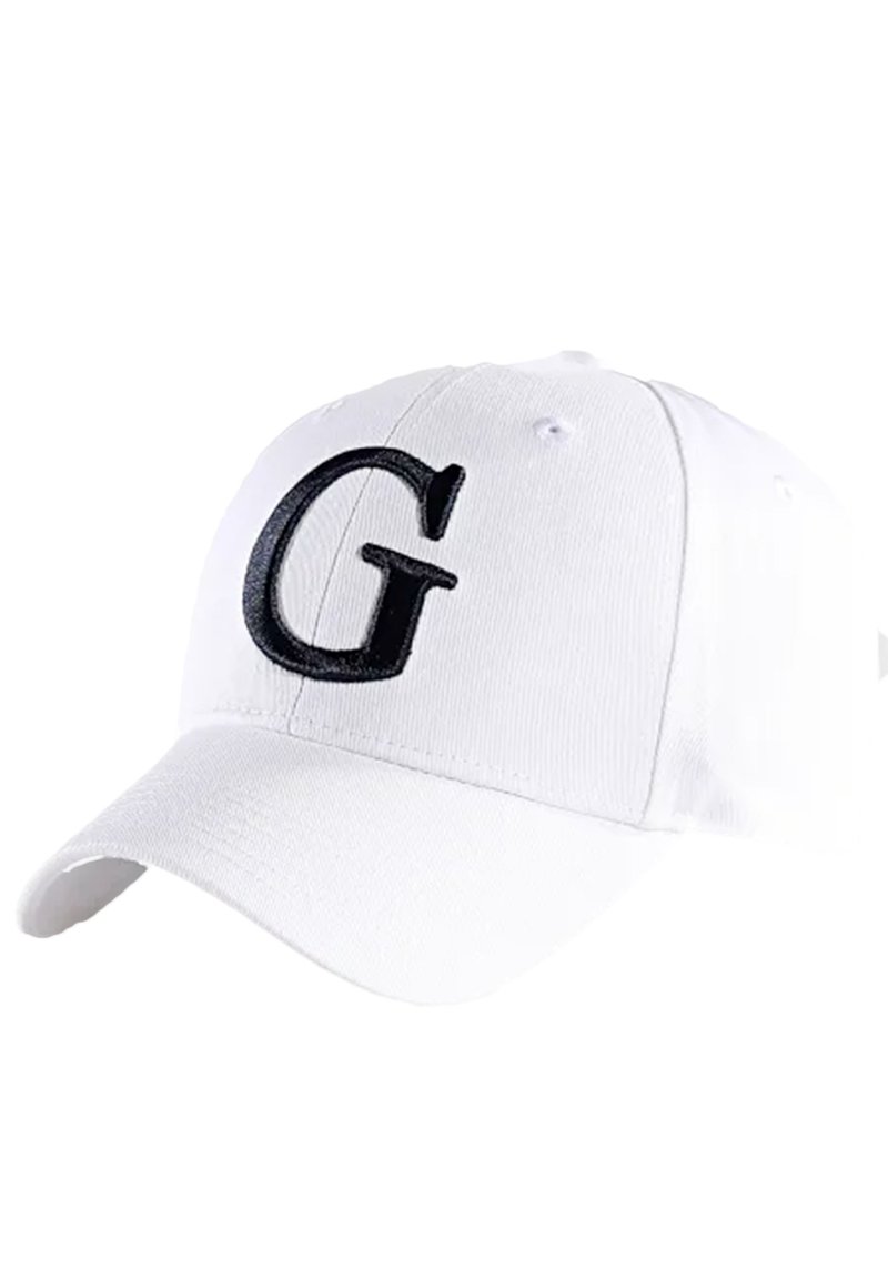 Casquette de baseball blanche avec un visière incurvée et une lettre "G" brodée en noir à l'avant. Fabriquée en coton avec des oeillets de ventilation.