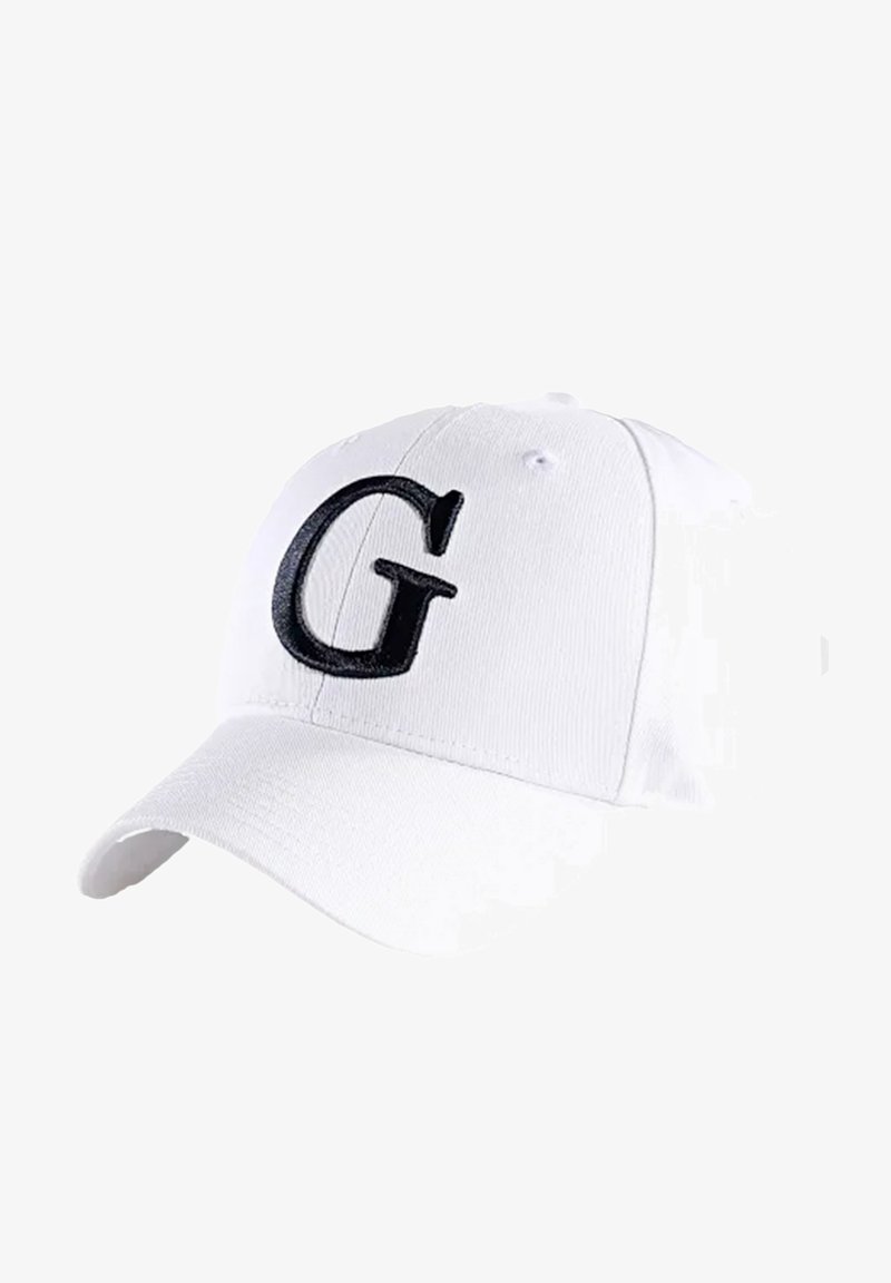 Casquette de baseball blanche avec un visière incurvée et une lettre "G" brodée en noir à l'avant. Fabriquée en coton avec des oeillets de ventilation.