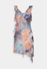 Robe légère sans manches avec des bretelles volantes, ornée d'un motif floral coloré et abstrait sur un tissu transparent avec un drapé sur le côté.