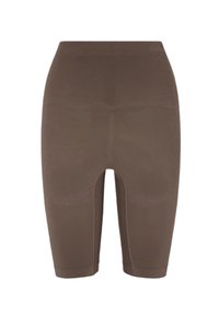 Shorts gaines marron taille haute jusqu'aux genoux, avec un design lisse et sans coutures, et une taille élastique offrant compression et maintien.