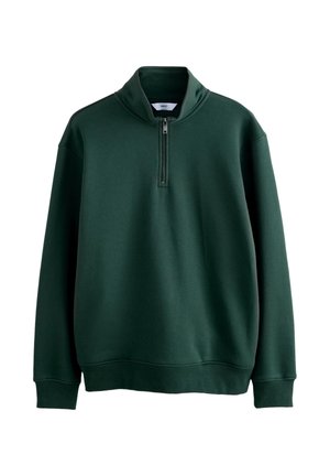 Tamsiai žalia džemperis su aukštu apykakliu, pusiau užtraukiama sagtimi ir ilgomis rankovėmis, pagamintas iš minkštos medvilnės mišinio medžiagos.