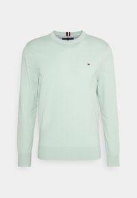 Hellgrüner, gestrickter Pullover mit langen Ärmeln, Rundhalsausschnitt und kleinem gestickten Logo auf der Brust. Glatte Textur und figurbetontes Design.